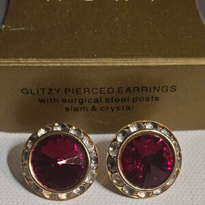 Avon Glitzy Red Pierced Earrings w Surgical Steel Posts Siam and Crystal 1998